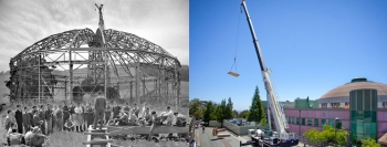 Berkeley Lab's iconic building, the Advanced Light Source, is getting a new cool roof, righ, that will reflect sunlight back into the atmosphere, playing a small part in mitigating global warming. On left, Ernest Orlando Lawrence talks to colleagues at the construction site of the cyclotron, built in 1941. | Courtesy of Lawrence Berkeley National Laboratory; Roy Kaltschmidt, Berkeley Lab Public Affairs Berkeley Lab's iconic building, the Advanced Light Source, is getting a new cool roof, righ, that will reflect sunlight back into the atmosphere, playing a small part in mitigating global warming. On left, Ernest Orlando Lawrence talks to colleagues at the construction site of the cyclotron, built in 1941. | Courtesy of Lawrence Berkeley National Laboratory; Roy Kaltschmidt, Berkeley Lab Public Affairs