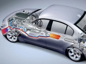 This image shows how a thermoelectric generator would be placed in a passenger car. | Photo courtesy of BMW This image shows how a thermoelectric generator would be placed in a passenger car. | Photo courtesy of BMW