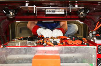 A team member from North Carolina State University prepares for high voltage testing on their battery pack. The team has built a series hybrid. | Photo courtesy of EcoCAR 2. A team member from North Carolina State University prepares for high voltage testing on their battery pack. The team has built a series hybrid. | Photo courtesy of EcoCAR 2.