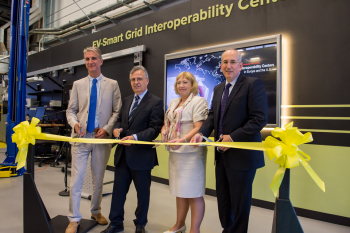 Yesterday, representatives from the Energy Department, the European Commission and Argonne National Lab celebrated the launch of the Electric Vehicle-Smart Grid Interoperability Center. From left to right: Mr. Giovanni De Santi, Director of the JRC Institute for energy and transport (IET); Mr. Dominique Ristori, Director-General of the European Commission's Joint Research Centre (JRC); Dr. Phyllis Yoshida, DOE Deputy Assistant Secretary for Europe, Asia and the Americas; Dr. Eric Isaacs, Director of Argonne National Laboratory. | Photo courtesy of Argonne National Lab. Yesterday, representatives from the Energy Department, the European Commission and Argonne National Lab celebrated the launch of the Electric Vehicle-Smart Grid Interoperability Center. From left to right: Mr. Giovanni De Santi, Director of the JRC Institute for energy and transport (IET); Mr. Dominique Ristori, Director-General of the European Commission's Joint Research Centre (JRC); Dr. Phyllis Yoshida, DOE Deputy Assistant Secretary for Europe, Asia and the Americas; Dr. Eric Isaacs, Director of Argonne National Laboratory. | Photo courtesy of Argonne National Lab.