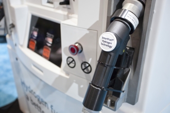 To commercialize fuel cell vehicles, DOE-funded efforts have helped reduce the cost of automotive fuel cells by more than 30% since 2008 by achieving a more than five-fold reduction in the amount of platinum needed and doubling of fuel cell durability. Pictured here is a model fueling station, on display with the Toyota Mirai FCV. | Photo by Sarah Gerrity, Energy Department
To commercialize fuel cell vehicles, DOE-funded efforts have helped reduce the cost of automotive fuel cells by more than 30% since 2008 by achieving a more than five-fold reduction in the amount of platinum needed and doubling of fuel cell durability. Pictured here is a model fueling station, on display with the Toyota Mirai FCV. | Photo by Sarah Gerrity, Energy Department