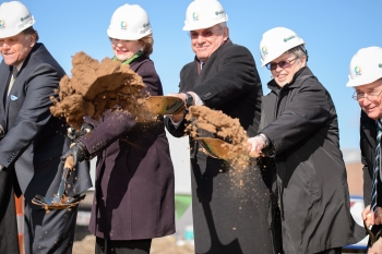 From left to right: Congressman Rogers, Senator Stabenow, Deputy Under Secretary for Science and Energy Dr. Michael Knotek, President Lou Anna Simon of Michigan State University, and Senator Levin break ground on the FRIB site. Photo Courtesy of Michigan State University. From left to right: Congressman Rogers, Senator Stabenow, Deputy Under Secretary for Science and Energy Dr. Michael Knotek, President Lou Anna Simon of Michigan State University, and Senator Levin break ground on the FRIB site. Photo Courtesy of Michigan State University.