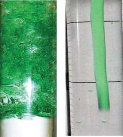 At left, highly turbulent behavior as water flows into (clear) oil. At right, all turbulence is suppressed by using cornstarch. | Department of Energy Photo | Courtesy of Lawrence Livermore National Laboratory | Public Domain At left, highly turbulent behavior as water flows into (clear) oil. At right, all turbulence is suppressed by using cornstarch. | Department of Energy Photo | Courtesy of Lawrence Livermore National Laboratory | Public Domain