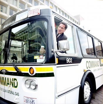 Since 1977, the people of the U.S. Department of Energy have been delivering the science, innovation and expertise required to advance America's energy, economic and national security. In this photo taken in June 1988, former Secretary of Energy John Herrington takes the wheel of a clean natural gas vehicle in front of the Energy Department in Washington, DC.
Today, natural gas powers over 112,000 vehicles in the United States and roughly 14.8 million vehicles worldwide. Natural gas vehicles, which can run on compressed natural gas, are a good option for high-mileage, centrally-fueled fleets that operate within a limited area. | Photo courtesy of the Department of Energy. Since 1977, the people of the U.S. Department of Energy have been delivering the science, innovation and expertise required to advance America's energy, economic and national security. In this photo taken in June 1988, former Secretary of Energy John Herrington takes the wheel of a clean natural gas vehicle in front of the Energy Department in Washington, DC.
Today, natural gas powers over 112,000 vehicles in the United States and roughly 14.8 million vehicles worldwide. Natural gas vehicles, which can run on compressed natural gas, are a good option for high-mileage, centrally-fueled fleets that operate within a limited area. | Photo courtesy of the Department of Energy.