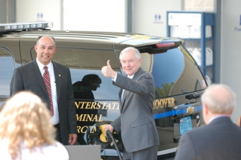 Mayor Petelos and Senator Jeff Sessions filling up a Hoover Police Tahoe with certified fuel made from Hoover's very own wood-waste last year. | Photo courtesy of Lori Salter | Mayor Petelos and Senator Jeff Sessions filling up a Hoover Police Tahoe with certified fuel made from Hoover's very own wood-waste last year. | Photo courtesy of Lori Salter |