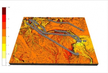 INL researchers use data from the weather stations to create a 3D mean wind speed map. The scale shows wind speeds in meters per second. | Department of Energy Image | Courtesy of Idaho National Laboratory | Public Domain | INL researchers use data from the weather stations to create a 3D mean wind speed map. The scale shows wind speeds in meters per second. | Department of Energy Image | Courtesy of Idaho National Laboratory | Public Domain |