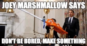 Joey Hudy shot to fame in 2012 when, at 14-years-old, he attended the White House Science Fair where the President took a turn using the contraption he had made - the âextreme marshmallow cannonâ. Joey then handed the President a card with his credo: âDonât be bored, make something.â Joey Hudy shot to fame in 2012 when, at 14-years-old, he attended the White House Science Fair where the President took a turn using the contraption he had made - the âextreme marshmallow cannonâ. Joey then handed the President a card with his credo: âDonât be bored, make something.â