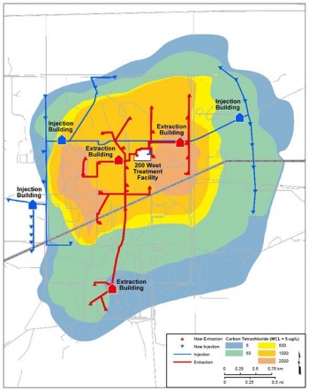 A graphic showing the 200 West Pump and Treat plumes and well network. A graphic showing the 200 West Pump and Treat plumes and well network.