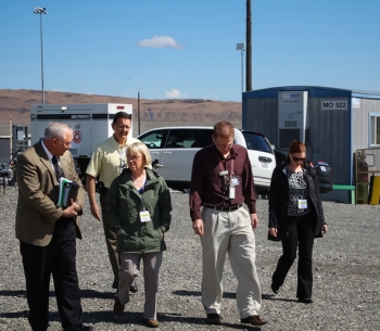 In this photo, U.S. Sen. Patty Murray (D-Wash.) receives an update on activities at C Farm from Office of River Protection (ORP) Manager Kevin Smith, left, and ORP Tank Farms Assistant Manager Tom Fletcher. In this photo, U.S. Sen. Patty Murray (D-Wash.) receives an update on activities at C Farm from Office of River Protection (ORP) Manager Kevin Smith, left, and ORP Tank Farms Assistant Manager Tom Fletcher.