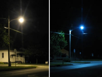 New LED lighting fixtures (right) emit a whiter light than existing high-pressure sodium cobra head streetlights (left) and don't spill light onto nearby houses. | Photos courtesy of the City of Muscatine New LED lighting fixtures (right) emit a whiter light than existing high-pressure sodium cobra head streetlights (left) and don't spill light onto nearby houses. | Photos courtesy of the City of Muscatine