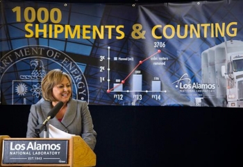 In addition to shattering all of its own shipping records, Los Alamos National Laboratory celebrated its 1,000th shipment to Waste Isolation Pilot Plant with a ceremony that featured New Mexico Governor Susana Martinez. In addition to shattering all of its own shipping records, Los Alamos National Laboratory celebrated its 1,000th shipment to Waste Isolation Pilot Plant with a ceremony that featured New Mexico Governor Susana Martinez.