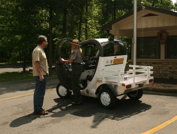 With the help of Kentucky Clean Fuels Coalition, Mammoth Cave National Park was the first National Park fleet to use 100 percent alternative fuel. The Global Electric Motorcar (pictured above) is used by park rangers who need to travel between the Mammoth Cave Campground and the Visitor Center area. | Photo courtesy of Victor Peek Photography. With the help of Kentucky Clean Fuels Coalition, Mammoth Cave National Park was the first National Park fleet to use 100 percent alternative fuel. The Global Electric Motorcar (pictured above) is used by park rangers who need to travel between the Mammoth Cave Campground and the Visitor Center area. | Photo courtesy of Victor Peek Photography.