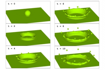 This simulation of a droplet of liquid falling into a pool of liquid was modeled using Los Alamos National Laboratory's Computational Fluid Dynamics Library (CFDLib), which was also used by Procter and Gamble to simulate a manufacturing process. The computer code is now available to help American industries become more competitive. | Courtesy of Los Alamos National Laboratory This simulation of a droplet of liquid falling into a pool of liquid was modeled using Los Alamos National Laboratory's Computational Fluid Dynamics Library (CFDLib), which was also used by Procter and Gamble to simulate a manufacturing process. The computer code is now available to help American industries become more competitive. | Courtesy of Los Alamos National Laboratory