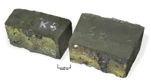 Refractories removed from adjacent positions in a slagging gasifier. The NETL refractory (right) has approximately 50 percent more material remaining after the test. Refractories removed from adjacent positions in a slagging gasifier. The NETL refractory (right) has approximately 50 percent more material remaining after the test.