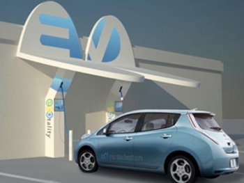 An artistâs rendering of a Nissan LEAF charging outside a café. | Courtesy The EV Project An artistâs rendering of a Nissan LEAF charging outside a café. | Courtesy The EV Project