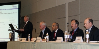 Pictured at the session on barriers in small business contracting, left to right, are Jim Fiore of Fiore Consulting; John Coffman of DeNuke Contracting Services, Inc.; John Hale III of the DOE Office of Small and Disadvantaged Business Utilization; Jack Surash of EM; and Matt Moeller of Dade Moeller. Pictured at the session on barriers in small business contracting, left to right, are Jim Fiore of Fiore Consulting; John Coffman of DeNuke Contracting Services, Inc.; John Hale III of the DOE Office of Small and Disadvantaged Business Utilization; Jack Surash of EM; and Matt Moeller of Dade Moeller.