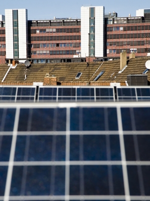 Baltimore resident Paul Bennett installed 14 solar panels such as these on his historic row home with the help of a state solar grant and federal tax credit through the Recovery Act. | Energy Department Photo |
Baltimore resident Paul Bennett installed 14 solar panels such as these on his historic row home with the help of a state solar grant and federal tax credit through the Recovery Act. | Energy Department Photo |