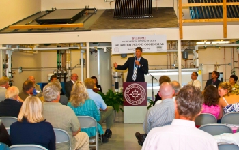 The grand opening of the Northeast Solar Heating and Cooling Instructor Training Project at Kennebec Valley Community College (KVCC) in Fairfield, Maine in August 2011. | Image courtesy of Eric Escudero. The grand opening of the Northeast Solar Heating and Cooling Instructor Training Project at Kennebec Valley Community College (KVCC) in Fairfield, Maine in August 2011. | Image courtesy of Eric Escudero.
