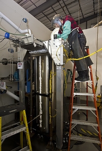 Distillation equipment is shown prior to transport to the Idaho site. Distillation equipment is shown prior to transport to the Idaho site.