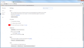 STEP 3: Once the Setting page loads, go to the âON STARTUPâ section (highlighted with red arrow). Select âOpen a specific page or set of pagesâ. (Notice the phrase âset of pagesâ, means to set MULTIPLE pages which will be opened in separate tabs when launching the Google Chrome browser). STEP 3: Once the Setting page loads, go to the âON STARTUPâ section (highlighted with red arrow). Select âOpen a specific page or set of pagesâ. (Notice the phrase âset of pagesâ, means to set MULTIPLE pages which will be opened in separate tabs when launching the Google Chrome browser).
