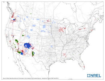 54% of the Tribes located in close proximity to military bases are located in the West, 18% in the Pacific Northwest, and 12% in New England and New York. Map from NREL 54% of the Tribes located in close proximity to military bases are located in the West, 18% in the Pacific Northwest, and 12% in New England and New York. Map from NREL