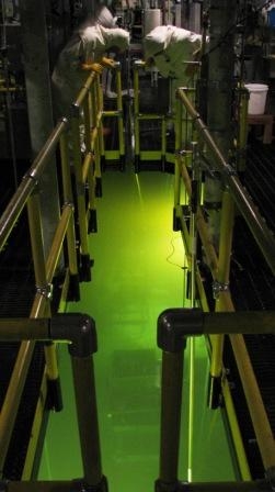 This photo shows the inside the K West Basin facility, where workers are retrieving highly radioactive sludge material under 17 feet of water. This photo shows the inside the K West Basin facility, where workers are retrieving highly radioactive sludge material under 17 feet of water.