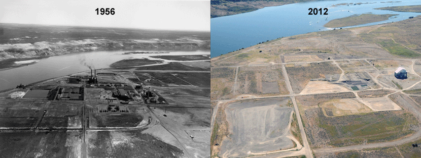 Before (left) and after (right) photos of the Hanford site's F Reactor during operations in 1956 and in 2012, when EM and its contractors completed cleanup there. It was the first reactor area at the 586-square-mile Hanford site to be fully remediated. Before (left) and after (right) photos of the Hanford site's F Reactor during operations in 1956 and in 2012, when EM and its contractors completed cleanup there. It was the first reactor area at the 586-square-mile Hanford site to be fully remediated.