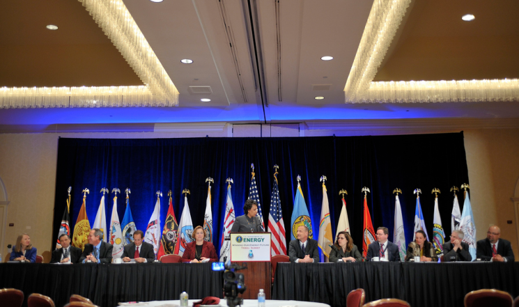 Director of the Office of Indian Energy Policy and Programs Tracey LeBeau facilitates discussion of the Energy Department leadership panel.