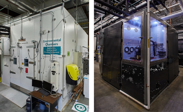 Left: Environmental chamber to evaluate the performance of air-conditioning systems. Right: Compressor Calorimeter at ORNL. Source: ORNL. Left: Environmental chamber to evaluate the performance of air-conditioning systems. Right: Compressor Calorimeter at ORNL. Source: ORNL.
