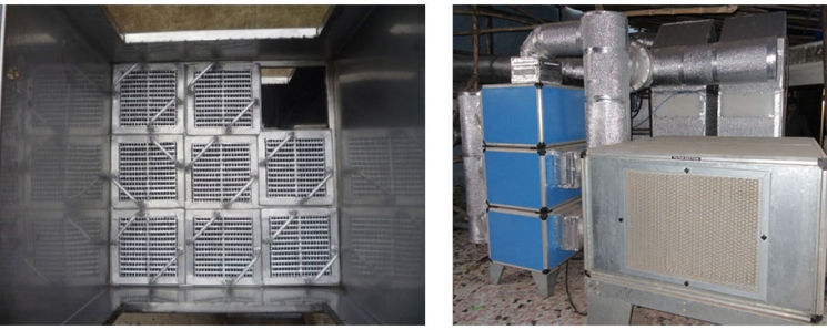 Nine core module (left) and overall assembly (right) for 2000 cfm Indirect Evaporative Cooling based Dedicated Outdoor Air System (DOAS) with two modules in a field test unit at Indian Institute of Technology (IIT) Bombay. Nine core module (left) and overall assembly (right) for 2000 cfm Indirect Evaporative Cooling based Dedicated Outdoor Air System (DOAS) with two modules in a field test unit at Indian Institute of Technology (IIT) Bombay.