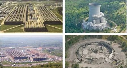 Above on the left is K-25, at Oak Ridge before and after the 844,000 sq-ft demolition.
In addition, on the right: K Cooling Tower at Savannah River Site demolition.
Above on the left is K-25, at Oak Ridge before and after the 844,000 sq-ft demolition.
In addition, on the right: K Cooling Tower at Savannah River Site demolition.