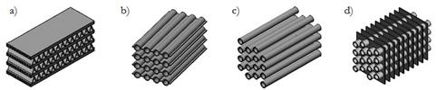 (a) Finned Microchannel (MCHX);<br />
(b) Web-Tube (WTHX) (Abdelaziz et. al., 2010); <br />
(c) Round Bare Tube (BTHX);<br />
(d) Plain Fin-and-Tube (FTHX).<br />
Credit: Oak Ridge National Lab (a) Finned Microchannel (MCHX);<br />
(b) Web-Tube (WTHX) (Abdelaziz et. al., 2010); <br />
(c) Round Bare Tube (BTHX);<br />
(d) Plain Fin-and-Tube (FTHX).<br />
Credit: Oak Ridge National Lab
