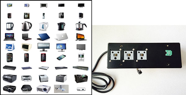 Left: 12600 data samples collected to identify the power consumption signatures of nine categories of devices
Right: Prototype of smart plugstrip with device identification capability that can be used for application such as efficient monitoring and controlling of plug loads, reduction of standby losses, detection of faulty devices, and demand response management Left: 12600 data samples collected to identify the power consumption signatures of nine categories of devices
Right: Prototype of smart plugstrip with device identification capability that can be used for application such as efficient monitoring and controlling of plug loads, reduction of standby losses, detection of faulty devices, and demand response management