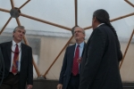 Umatilla Tribes Department of Science and Engineering Director Stuart Harris, far right, explains the purpose of the Tribes’ greenhouses to Senior Advisor for Environmental Management David Huizenga, center, and Richland Operations Office Manager Matt McCormick.