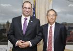 Dr. Riccardo Signorelli, CEO of FastCAP Systems meets with Secretary Chu. Signorelli founded a startup focused on researching and developing carbon nanotube ultracapacitors and was chosen by <i> Technology Review </i>  as a "35 Under 35" innovator along with Foro Energy's Dr. Joel Moxely (another ARPA-E performer). | Courtesy of ARPA-E.